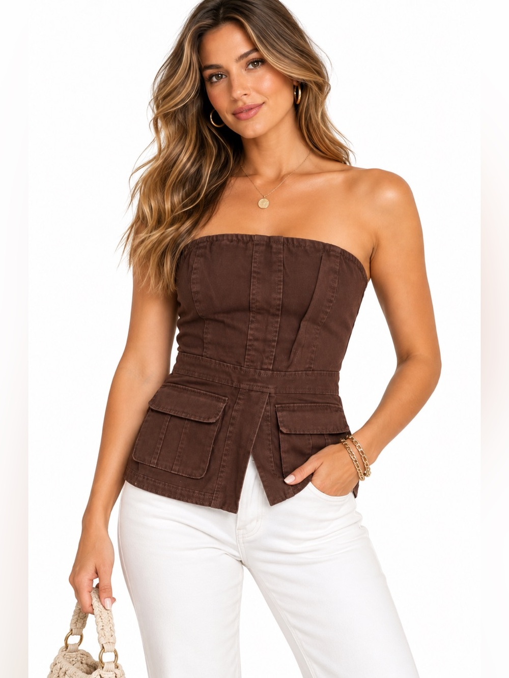 Brown denim strapless corset top